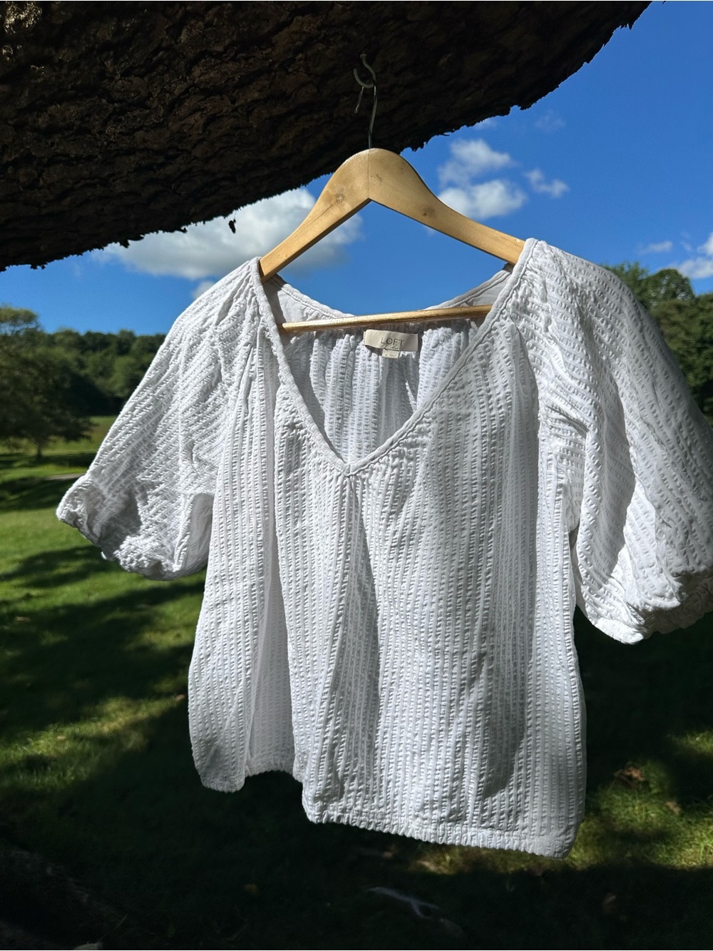 White Textured V-Neck Puff Sleeve Top
